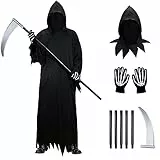 FORMIZON Costume da Mietitore per Adulto, Costume da Grim Reaper, Morte Costume di Halloween, con Cappelli, Guanti, Falci, Veste Fantasma Nero per Uomo, Abiti Mietitore Halloween Carnevale per Adulti