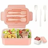 LUZOON Bento Box, 1400ml Porta Pranzo con Posate Lunch Box Microonde Bento Box con 3 Scomparti e Posate(Cucchiaio e coltello e forchetta) -Rosa+Scatola Per Salse