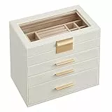 SONGMICS Scatola Portagioie, 4 Livelli, Coperchio in Vetro, 3 Cassetti, Porta Gioielli, Occhiali da Sole e Accessori Grandi, Moderno, Bianco Nuvola e Dorato JBC161W01