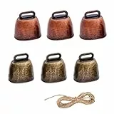 SUpoetry 6 Campana di Bronzo, Campane di Mucca, Campanello Vintage in Metallo, Adatto per Bovini, Ovini, Equini, Bovini e Decorazioni, con 2 Metri di Corda