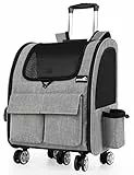 Pecute Zaino Trolley per Cani Gatti, Passeggino per Domestici, Zaino Multiuso Regolabile in Altezza, Zaino da Viaggio con Ruote, Adatto per 15KG