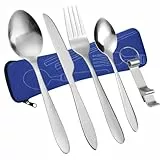 Vicloon Set di Posate con Custodia Portatile, 6 PCS Posate in Acciaio Inossidabile con Apribottiglie, Set di Posate da Viaggio Coltello Forchetta Cucchiaio Set per Campeggio Picnic (blu navy)