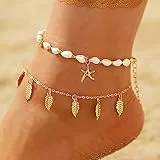 Jovono Cavigliere Boho Stella Marina Oro Strati Nappa Caviglie Braccialetto Catena Conch Shell Piede Catena Piede Piede Piuma Gioielli Regolabile 2 Pezzi per Donne e Ragazze