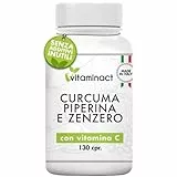 Curcuma Piperina Plus Zenzero Vitamina C-130 cpr-Altissimo Dosaggio Naturale Di Estratto Curcuma 1280,00Mg-Curcumina 200,00Mg-Piperina 10,00Mg-Potente e Veloce Brucia Grassi-Antinfiammatorio