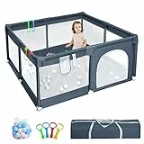 HABOWN Box per Bambini 127 x 127cm - Box Recinto per Bambini Pieghevole con rete traspirante, Box Neonato Centro di Attività per Bambini con 50 Ocean Ball e 4 Anelli, Grigio