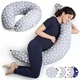 Niimo Cuscino Gravidanza per Dormire e Allattamento Neonato Sfoderabile Multifunzionale Riduttore Lettino Federa 100% Cotone (Grigio Cuori Bianchi)