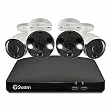 Swann Sistema di sicurezza NVR Professionale , 4 camere da 4K, faretti azionati da calore e movimento, 8 canali, disco rigido 2TB, compatibile Google e Alexa, registrazione Cloud gratuita, bianco