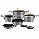 BerlingerHaus Moonlight Set di Pentole Induzione 10-Piece Antiaderente Titanio PFOA-free, Alluminio, Set 3 Casseruoli 3 Coperchi di Vetro, 2 Padelle, 2 Sottopentole, Grigio Metallizzato