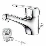 Rubinetto Bagno Lavabo, Auralum Miscelatore, Scarico a Saltarello con Asta Piletta, Rubinetto Monocomando per Piletta Lavandino, Classico Ottone Cromato Rubinetti