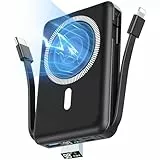 Powerbank Mag-Safe, Podoru 10000mAh Caricatore Portatile Magnetico Wireless con Cavo USB-C/Lighting Incorporato Power Bank iPhone PD22.5W Ricarica Rapida con Display LED per iPhone 15/14/13/12-Nero