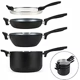 Russell Hobbs da RH01840 Set di padelle impilabili non attaccabili 4 pezzi, pentola da 24cm, padella da 24cm, coperchio universale, a induzione, senza PFOA, facile pulizia, Design salvaspazio, nero