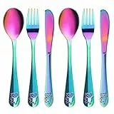 6 Pezzi Posate Bambini in Acciaio Inox, Set Posate Bambino-2 Forchetta Bambini, 2 Cucchiai Bambini e 2 Coltelli per Bambino, Casa Scuola Uso(Orso, Arcobaleno)