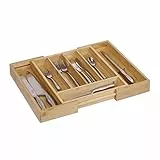 Relaxdays Portaposate in bambù, 5-7 scomparti, portaposate regolabile per cassetto, larghezza 31,5 - 49 cm, naturale