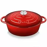 Velaze Casseruola in Ghisa, Pentola a Induzione per Stufati e Brasati, Cocotte Casseruola con Coperchio in Rivestimento Smaltato, Forno Olandese, Rosso, Ovale - 30 cm, 5 L