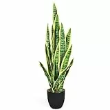 COSTWAY Pianta Artificiale da 90 cm, Sansevieria Finta con 20 Foglie e Vaso, Pianta Artificiale per Salotto, Camera da Letto e Balcone