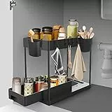 GOOPOOL Organizer Sottolavello Cucina, Organizer Sottolavello a 2 Livelli, Scorrevole Scaffale Portaoggetti con 4 Ganci e 2 Tazza appesa, Estraibile Cassetti per Cucina, Bagno - Nero