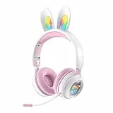Woukksy 2023 Cuffie Bluetooth per Bambini, Pieghevole Wireless Cuffie con Microfono Staccabile, Orecchie di Coniglio Luci LED, Cuffie per Bambina Over Ear 85dB Limitatore di Volume per Scuola/Viaggi
