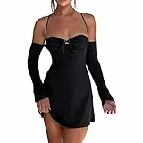 Loalirando Abito da Cocktail Donna Vestito Elegante Donna Senza Spalline Mini Abito Corto con Maniche Lunghe Sexy Festa Casual Sera (Nero, S)