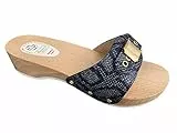 Bocciolo Zoccolo Donna ANATOMICO in Legno Tomaia in Pelle Stampata con Chiusura A Cassetta Tacco 3,5 CM Made in Italy Articolo 449 (Glitter Blu, 35)