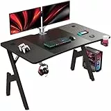 HLFURNIEU Scrivania Gaming Ergonomica, 120 x 60 cm Tavolo da Computer, Scrivania Gamer con Porta Bicchiere e Gancio per Cuffie, Piano del Tavolo in Fibra di Carbonio Impermeabile, Nero
