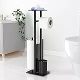 Porta carta igienica inox da appoggio con scopino - con scatola salviettine umidificate, ripiano in vetro (nero opaco)