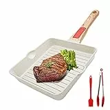 Bobikuke Bistecchiera Antiaderente Padelle grill con Manico Rimovibile 20 x 20 cm, Rettangolare in Alluminio Pressofuso, Adatto A Tutti I Piani Di Cottura