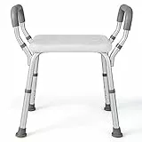 HOMASIS Sgabello da doccia regolabile in altezza in 6 nilveles, panca da doccia in alluminio con braccioli imbottiti rimovibili e piedini in gomma antiscivolo, per anziani, 59 x 34 x 54 – 67 cm,