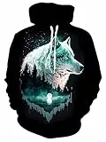 Loveternal Nero Felpa Ragazzo 3D Stampato Lupo Hoodie Fresco Leggero Pull Girocollo Sweatshirt per Donna Uomo L
