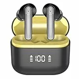 Aptkdoe Cuffie Bluetooth, Auricolari Bluetooth 5.3 con Bassi Coinvolgenti, 48 Ore di Riproduzione Cuffie Wireless Riduzione del Rumore con Display LED, IPX7 Impermeabili Cuffiette Bluetooth, Giallo