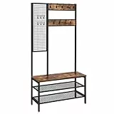 VASAGLE Appendiabiti con Panca Scarpiera, Attaccapanni da Salotto, con 2 Ripiani in Rete Portascarpe, Ganci, Altezza di 185 cm, Montaggio Facile, Stile Industriale, Marrone Vintage HSR98BX