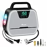Reesibi 220V 12V Compressore Aria Portatile AC DC Doppia Alimentazione per Auto Bici Moto Gomme Palloni, Max. 150PSI / 10,3bar, Digitale con Luce LED, Kit Adattatore, Valvola Presta, Cavi
