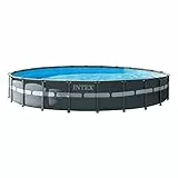 Intex 26340 Piscina Rotonda, con Pompa a Sabbia, Scaletta Doppia e Telo Copertura, capacità d'Acqua 47.241 L al 90%, Grigio, 732 x 132 cm