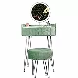 CARME Pastel Paradise - Toeletta imbottita in velluto trapuntato a 1 cassetto con luci LED attivate al tocco, sgabello per trucco camera da letto, set di mobili moderni (verde salvia)