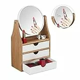 Relaxdays Organizer per Trucchi, 3 Tiretti, per Tavolo da Trucco, Specchio Ingranditore, 34x19x10,5 cm, Naturale/Bianco