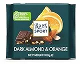 RITTER SPORT Fondente Mandorla Arancia, Tavoletta Cioccolato Fondente Con Granella di Mandorle e Cubetti di Scorze D'Arancia Candita, Cacao 100% Certificato Sostenibile, 100 g