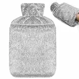Jsdoin Borsa Acqua Calda, 2L Borsa Dell'acqua Calda con Peluche Morbida Copertura,Boule Acqua Calda, Borsa Acqua Calda per Dolori(Grigio)