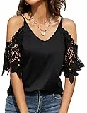 T Shirt Donna Elegante Maglietta Spalle Scoperte Bluse e Pizzo Maniche Corte Scollo a V Camicie Estiva Causale Maglietta Nera L