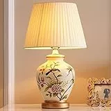 Lampada da Comodino, Moderna Lampada da Tavolo Base in Ceramica Paralume in Stoffa, Attacco E27, 31 * 31 * 51cm, Design Vintage.(Bianco)