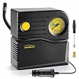 WindGallop Mini Compressore Portatile per Auto, 12V Professionale, Analogico, Pompa Aria con Manometro per Pneumatici e Adattatori per Valvole (Giallo)