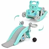 RELAX4LIFE 4 in 1 Set Cavallo a Dondolo con Scivolo e Canestro da Basket e Palla e Lancia di Anelli, Struttura Stabile con carico di 60 kg, 105 x 72 x 57 cm (Modello 2 Blu)