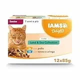 IAMS Delights Land & Sea Collection Alimento umido in salsa - per gatti anziani con una varietà di gusti a base di carne e di pesce, 12 x 85g