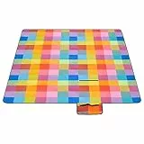 SONGMICS GCM61C, Coperta da Picnic, in Pile, Impermeabile Unisex-Adult, Quadrati Rossi + Blu, 195 x 150 cm