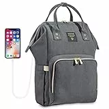SUNVENO Grande borsa fasciatoio, zaino impermeabile con 16 tasche, include 3 tasche isolanti latte, zaino per pannolini con porta USB e cavo libero (grigio)