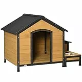 PawHut Cuccia per Cani Taglia Media in Legno di Abete con 2 Porta Ciotole, Box per Riporre e Tetto in Bitume, 130x93x92cm, Color Legno e Nera