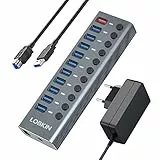 LOBKIN HUB USB 3.0 Alimentato 11 in 1 con 12V 3A, 10 porte USB 3.0 per il trasferimento dei dati e la ricarica e una porta di ricarica intelligente da 2,4 A con interruttori di LED e individuali
