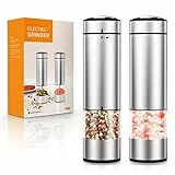 Rolgno Macina Pepe Elettrico, [2 Pezzi] Macina Sale Pepe Automatico in Acciaio Inossidabile, Funzionamento con Una Sola Mano, Luce a LED & Ruvidità Regolabile, Spazzola Pulizia, Alimentazione Batteria