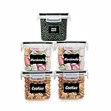 Contenitori Alimentari per Cereali, 5 PCS Contenitori Alimentari con Coperchio, per la Conservazione di Pasta, Cereali, Muesli, Zucchero, Biscotti, Caffè, Succhi(Trasparenti, 0.8L)