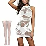 NLAND Lingerie Donna Babydoll Abito Skinny Senza Maniche con Calze Trasparente Camicia da Notte Collant per Coppia Notte da Nozze (Taglia Unica, Bianco)