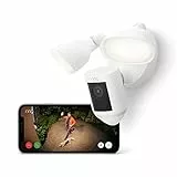 Ring Floodlight Cam Wired Pro di Amazon, Video in HDR a 1080p, rilevazione di movimento 3D e alimentazione via cavo, periodo di prova gratuita di 30 giorni del piano Ring Protect | Bianco