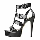 Only maker Sandalo da donna con tacco alto e plateau, con borchie effetto laccato, nero, nero metallizzato, 37 EU
